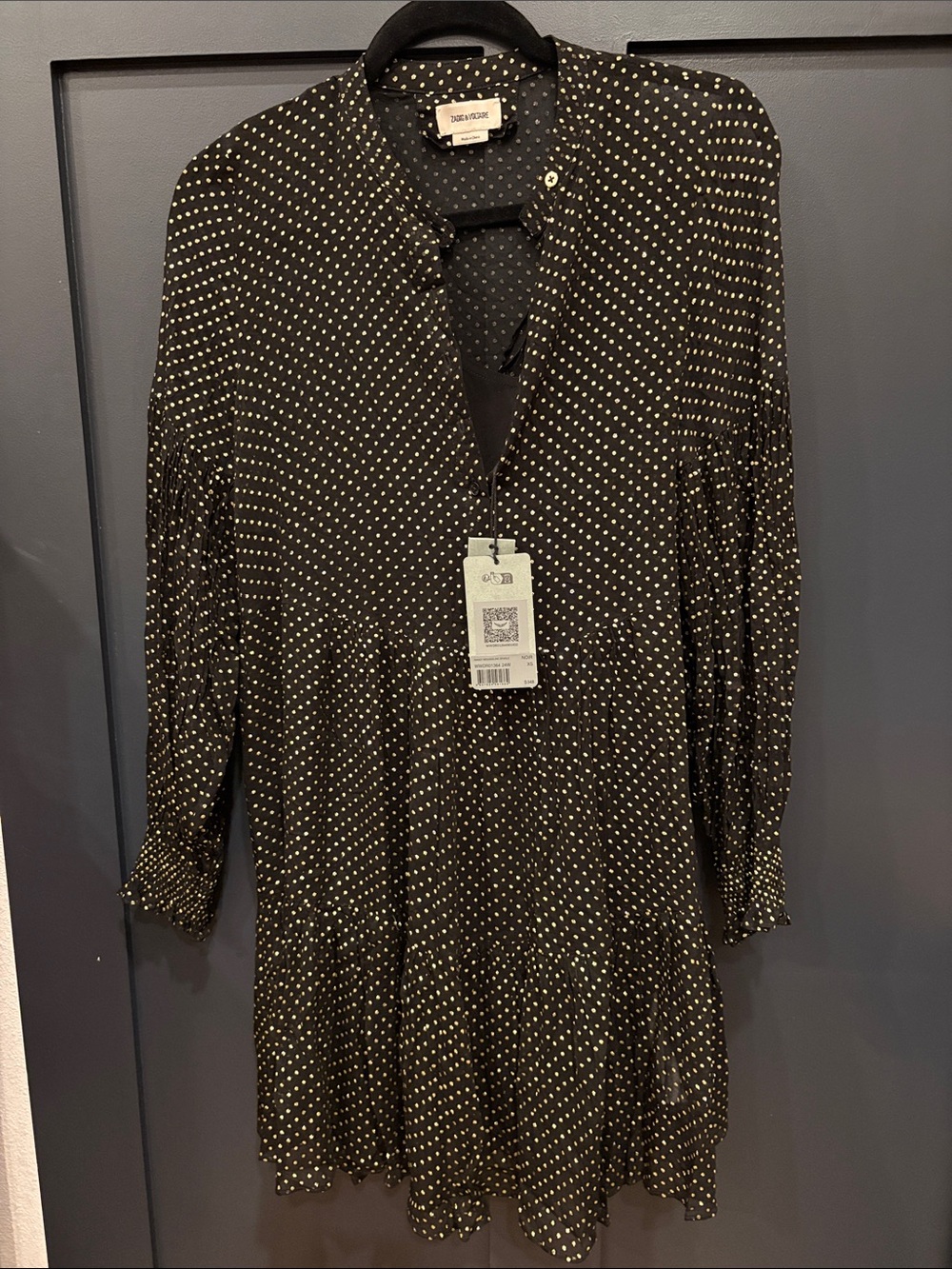 673. Zadig & Voltaire Black Dress with Cream Polka Dots - Long Sleeve